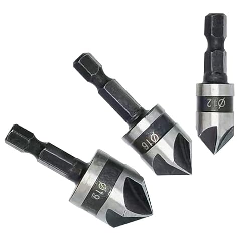 3 Stück 1/4-Zoll-Sechskantschaft, Kegelsenkerbohrer, Sechskantschaft, 12 mm/16 mm/19 mm Kegelsenkerbohrer, 5 Nuten, 90 Grad Holzbearbeitung, Kegelsenker-Bits für Holzbearbeitung (Grau) von Flosfjylo