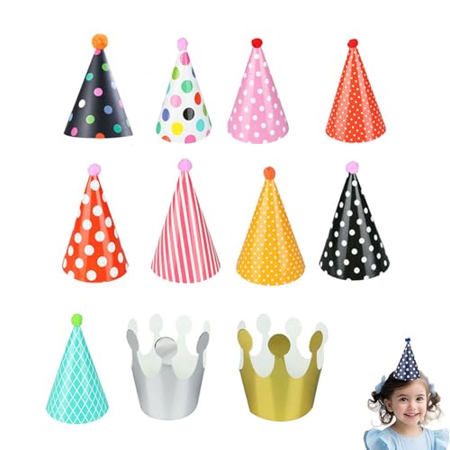 Flosfjylo Partyhüte, Geburtstagshüte, Pompons, Papierhüte für Kinder, für Damen, Herren und Kinder, Halloween, Weihnachten und Kostümpartys (9 Hüte + 2 Kronen) von Flosfjylo