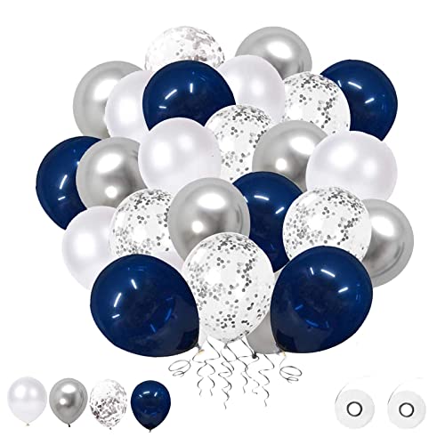 flow.month 60-teiliges Luftballon-Set, 30,5 cm, marineblaue Luftballons, silberfarbene Metallic-Luftballons, weiße Latex-Luftballons, Konfetti-Luftballons, Helium-Luftballons für Hochzeit, Geburtstag, von Ninonly