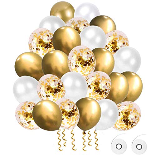 Flow.month 60 Stück Luftballons, Gold Weiß Konfetti Metallic Latex Helium Ballons für Hochzeit Mädchen Kinder Geburtstag Party Dekoration (Golden) von Flow.month