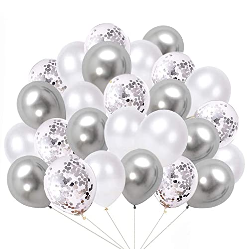 60 Stück Luftballons, Silber luftballons Silber Weiß Konfetti Ballons Matellic Latex Ballons Helium Ballons für Hochzeit Mädchen Kinder Geburtstag Party Dekoration (Silber) von Ninonly