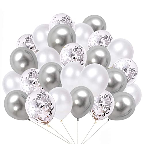 60 Stück Luftballons, Silber Weiß Konfetti Matellic Latex Helium Ballons für Hochzeit Mädchen Kinder Geburtstag Party Dekoration (Silber) von Flow.month