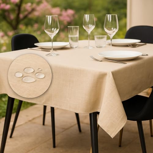 Tischdecke Outdoor Abwaschbar 140x240 Beige Gartentischdecke Tischdecken Wetterfest Wachstuchtischdecke Table Cloth Made in Italy für Den Außenbereich Tischtuch von Flowen