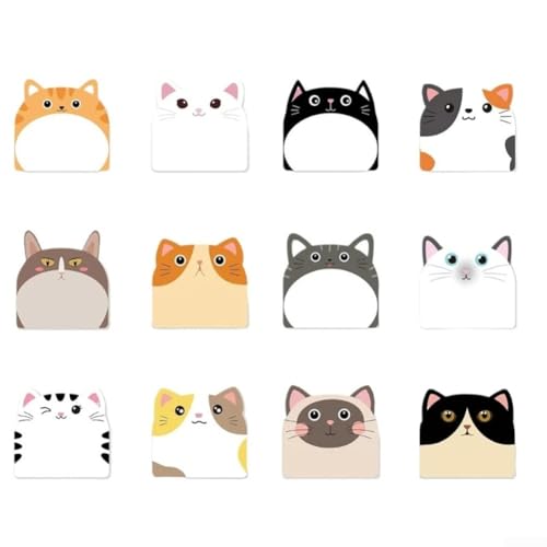 Floweringbeter Haftnotizen, Cartoon-Katzen-Notizpapier, unliniertes Notizpapier, glattes Schreiben, für Schule, Büro, Zuhause, 12 Stück von Floweringbeter