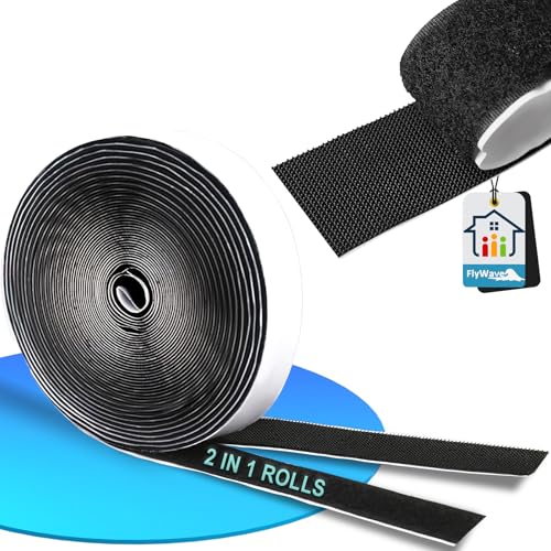 FlyWave Schwarz Selbstklebendes Klettband 5m, 20mm Breit Klettverschluss Selbstklebend, Wiederverwendbar Klettband Selbstklebend, Klebe Klettband für DIY, Basteln Bilderrahmen, Vorhänge, Teppiche von FlyWave