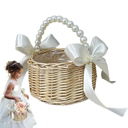 Weiden Rattan Blumenmädchenkorb - Rattan Blumenmädchenkorb, künstliche Seidenblumenmädchen -Korb Hochzeit mit süßem Perlengriff Bowknot | Tragbarer Korbkorb für künstliche Seiden aus Seiden von Fmzrbnih