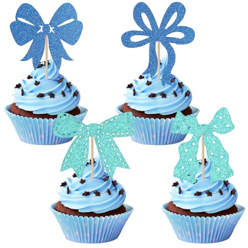 24Stück Blaue Schleife Cupcake Topper Glitzer Schleife Knoten Kuchen Topper Aufkleber Picks für Geburtstagsdekorationen für Hochzeit Baby Shower Junggesellenabschied 24Stück Blaue Schleife Cupcake Topper Glitzer Schleife Knoten Kuchen Topper Aufkleber Picks für Geburtstagsdekorationen für Hochzeit Baby Shower Junggesellenabschied von Fnaobai