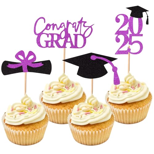 Cupcake-Topper zum Schulabschluss, Glitzer, Klasse 2025, Cupcake-Topper für Themenpartys, Abschlussfeiern, Cupcake-Topper, Zubehör, Violett, 24 Stück von Fnaobai
