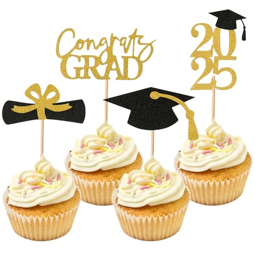 Cupcake-Topper zum Schulabschluss, Glitzer, Klasse 2025, Cupcake-Topper für Themenpartys, Dekorationen, Abschlussfeiern, Cupcake-Topper, Zubehör, goldfarben, 24 Stück Cupcake-Topper zum Schulabschluss, Glitzer, Klasse 2025, Cupcake-Topper für Themenpartys, Dekorationen, Abschlussfeiern, Cupcake-Topper, Zubehör, goldfarben, 24 Stück von Fnaobai