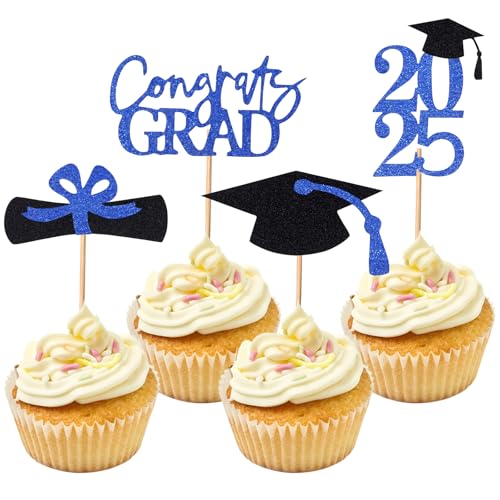 Cupcake-Topper zum Schulabschluss, Glitzer, Klasse 2025, für Themenpartys, Dekorationen, Abschlussfeiern, Cupcake-Topper, Zubehör, Blau, 24 Stück Cupcake-Topper zum Schulabschluss, Glitzer, Klasse 2025, für Themenpartys, Dekorationen, Abschlussfeiern, Cupcake-Topper, Zubehör, Blau, 24 Stück von Fnaobai