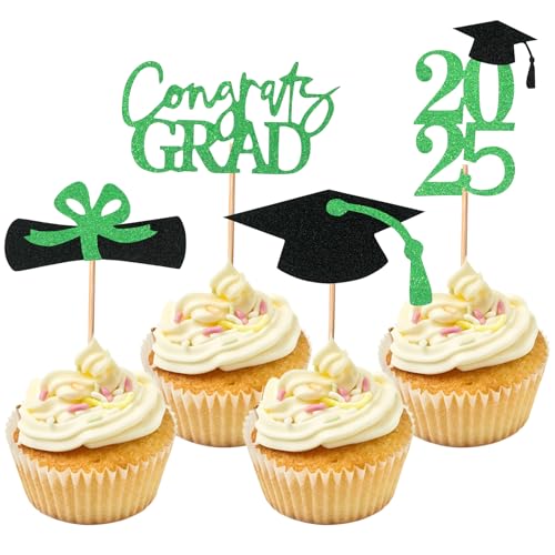 Cupcake-Topper zum Schulabschluss, Glitzer, Klasse 2025, für Themenpartys, Dekorationen, Abschlussfeiern, Cupcake-Topper, Zubehör, Grün, 24 Stück Cupcake-Topper zum Schulabschluss, Glitzer, Klasse 2025, für Themenpartys, Dekorationen, Abschlussfeiern, Cupcake-Topper, Zubehör, Grün, 24 Stück von Fnaobai