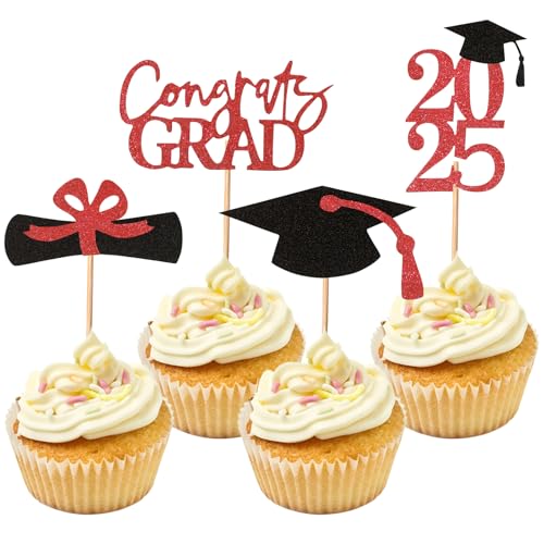 Cupcake-Topper zum Schulabschluss, Glitzer, Klasse 2025, für Themenpartys, Dekorationen, Abschlussfeiern, Cupcake-Topper, Zubehör, Rot, 24 Stück Cupcake-Topper zum Schulabschluss, Glitzer, Klasse 2025, für Themenpartys, Dekorationen, Abschlussfeiern, Cupcake-Topper, Zubehör, Rot, 24 Stück von Fnaobai
