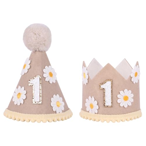 Fnaobai 2 x Gänseblümchen-Baby-Mütze, 1. Geburtstag, Kronenkappe, Kuchen, Smash, Party, Foto-Requisiten, Kegelkappe für Mädchen und Jungen von Fnaobai