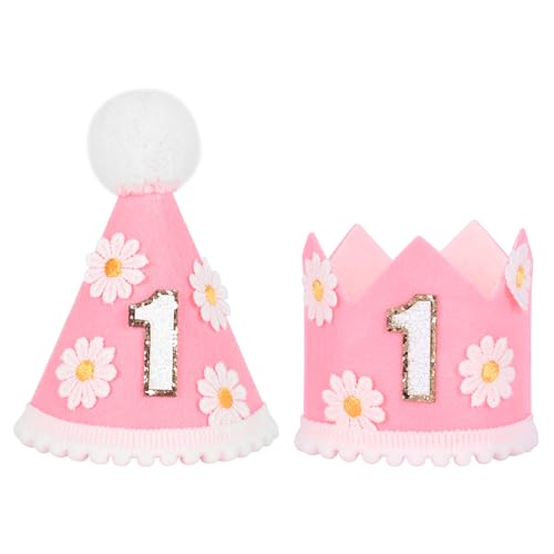 Fnaobai 2 x Gänseblümchen-Baby-Mütze, 1. Geburtstag, Kronenkappe, Kuchen, Smash, Party, Foto-Requisiten, Kegelkappe für Mädchen und Jungen von Fnaobai