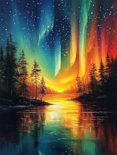 DIY Aurora Diamant Painting Bilder Landschaft Diamond Painting Erwachsene Mit Diamond-painting Zubehör, DIY Runden Full Drill Stickerei Malerei Basteln Erwachsene, für Haus Wanddeko 40x50 cm O4-1 von Fneuexng