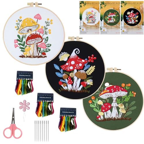 Fnjuucw Stickset für Anfänger, 3 Pack Kreuzstich Starter kit mit Anleitung 20cm Stickrahmen Erwachsene Anfänger Sticksets mit 3 Stickrahmen, Fäden und Nadeln (Pilzmuster) von Fnjuucw