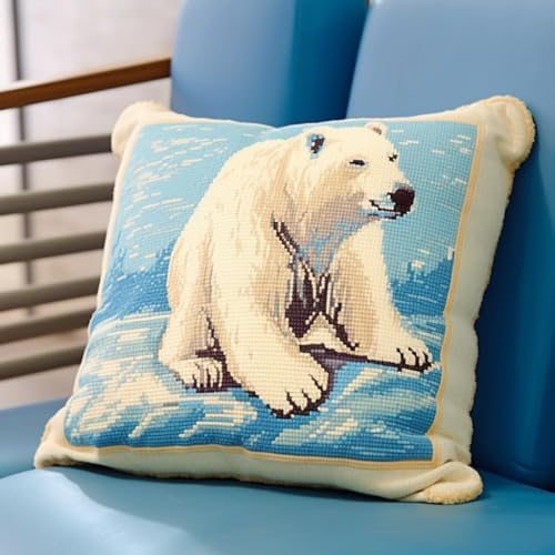 FnnEmg DIY Knüpfen Set Weißer Eisbär Kissenbezug, Stickset, Knüpfhaken-Set Für Teenager, Erwachsene Oder Anfänger 17x17in von FnnEmg