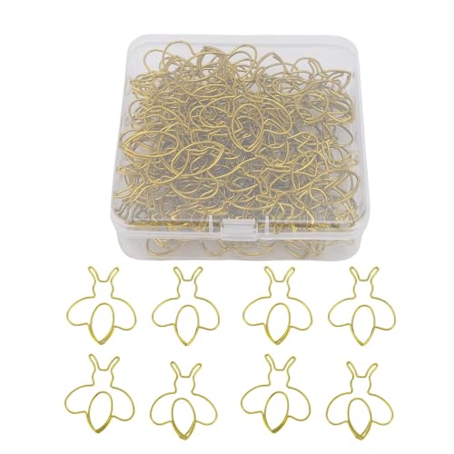 Focket 80 Stück Cartoon-Bienen-Büroklammern, süße bienenförmige Lesezeichenklammern aus Eisen, tragbares multifunktionales Bürobedarfsset mit transparenter Box, für Sammelalben (GOLD) von Focket