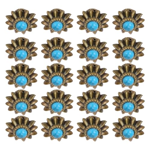 Focket Dekorative Conchos-Schnallen mit Gänseblümchen-Motiv, 20 Sets geformte Metallnieten, Schraubknöpfe aus Zinklegierung im Vintage-Western-Stil mit Türkis-Imitat (BLUE) von Focket