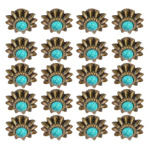 Focket Dekorative Conchos-Schnallen mit Gänseblümchen-Motiv, 20 Sets geformte Metallnieten, Schraubknöpfe aus Zinklegierung im Vintage-Western-Stil mit Türkis-Imitat (GREEN) von Focket