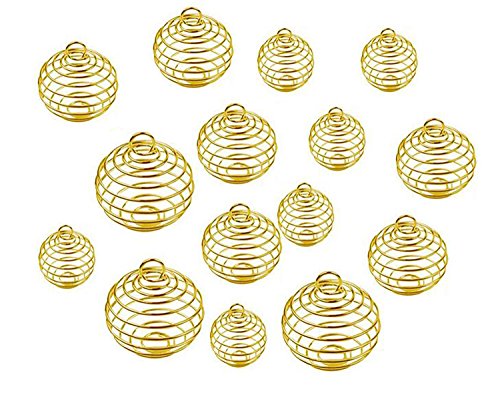 Fodattm 30 Stück Spiral-Perlenkäfig-Anhänger in 3 Größen, hohle Laterne, Kugel-Anhänger, Lavastein, Perlen, Käfige, Anhänger, Halskette, Schmuckherstellung, Zubehör (Gold) von Fodattm