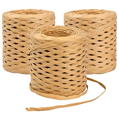 3 Rollen Bast Papier Bänd, 200M Raffia Papierband Naturbast, Raffia Paper Schnur, Geschenkband Verpackung Papier Bindfäden für Festival Geschenkverpackung, DIY Handwerk Weberei Dekoration (Braun) von Fodlon