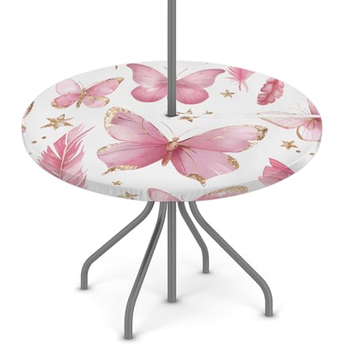 Foerrkelg Outdoor-Tischdecke mit Schirmlöchern, rosa Schmetterlingen, Federn, wasserdicht, runde Tischdecke mit elastischem Reißverschluss, abwischbar, Tischdecken für Picknicks, Decks, Gärten Foerrkelg Outdoor-Tischdecke mit Schirmlöchern, rosa Schmetterlingen, Federn, wasserdicht, runde Tischdecke mit elastischem Reißverschluss, abwischbar, Tischdecken für Picknicks, Decks, Gärten von Foerrkelg