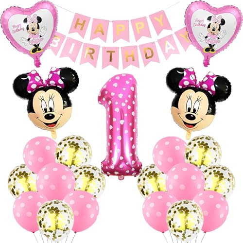 Minnie Geburtstagsdeko 1 Jahre, Rosa Geburtstag Deko Set mit Minnie Luftballon 1. Geburtstag Birthday Dekorationen, Minnie Luftballons Geburtstag Kindergeburtstag Deko Birthday Party Supplies von Foesihep