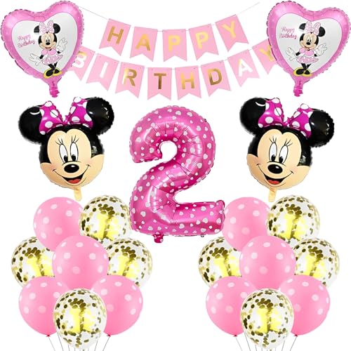 Minnie Geburtstagsdeko 2 Jahre, Rosa Geburtstag Deko Set mit Minnie Luftballon 2. Geburtstag Birthday Dekorationen, Minnie Luftballons Geburtstag Kindergeburtstag Deko Birthday Party Supplies von Foesihep