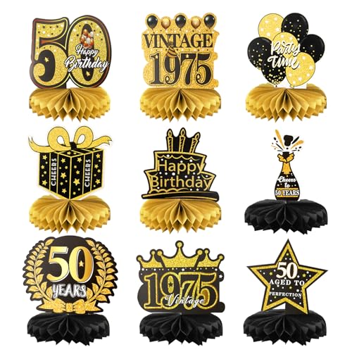 Dekoration zum 50. Geburtstag, 9 Stück, Waben-Mittelstücke, Tischdekoration, Schwarz und Gold, Geburtstagsparty-Dekoration, Zubehör, Vintage-Party-Tischaufsätze für Männer und Frauen, Banner zum 40 Dekoration zum 50. Geburtstag, 9 Stück, Waben-Mittelstücke, Tischdekoration, Schwarz und Gold, Geburtstagsparty-Dekoration, Zubehör, Vintage-Party-Tischaufsätze für Männer und Frauen, Banner zum 40 von Fogcays