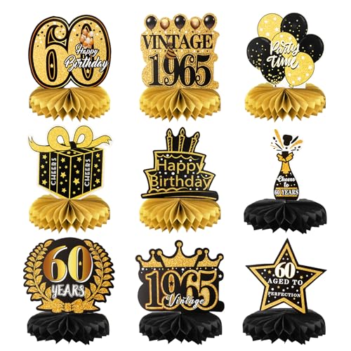 Dekoration zum 60. Geburtstag, 9 Stück, Waben-Mittelstücke, Tischdekoration, Schwarz und Gold, Geburtstagsparty-Dekoration, Zubehör, 1965, Vintage-Party-Tischaufsätze für Männer und Frauen, Banner zum Dekoration zum 60. Geburtstag, 9 Stück, Waben-Mittelstücke, Tischdekoration, Schwarz und Gold, Geburtstagsparty-Dekoration, Zubehör, 1965, Vintage-Party-Tischaufsätze für Männer und Frauen, Banner zum von Fogcays