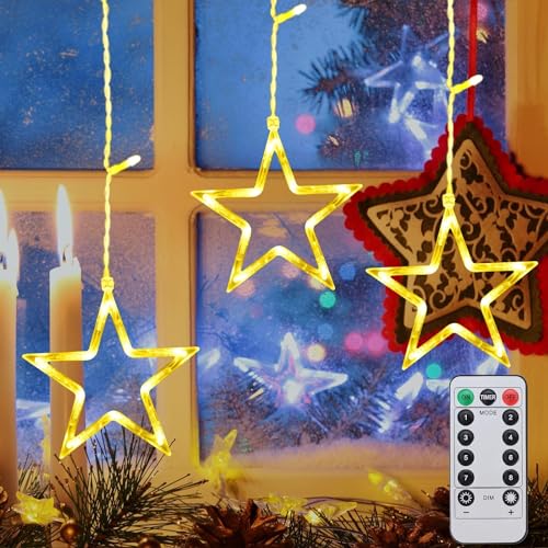 Fohil Curtain Fensterdeko 3 LED Sterne Lichterkette, 39 LED Lichtervorhang mit Stern Weihnachtsdeko Außen 8 Modi Fenster Lichterkette, Weihnachtsbeleuchtung für Innen Außen Christmas Decor von Fohil