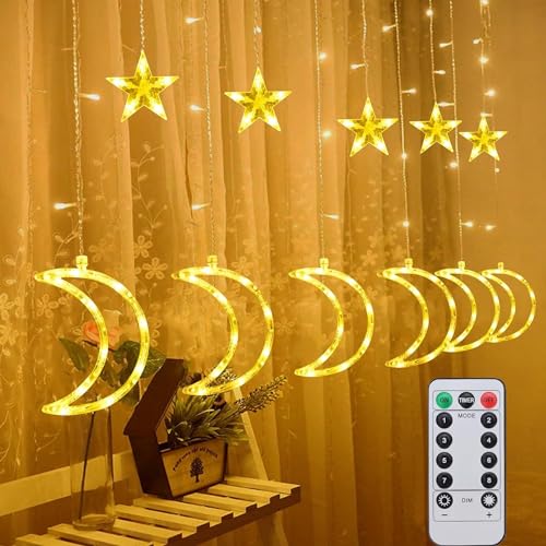 Fohil LED Lichterkette, 126 LED Lichtervorhang mit Mond und Stern, 8 Modi, Innen Außen, Warmweiß von Fohil