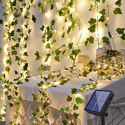 Fohil Künstlicher Efeu Lichterkette 100LED 12M Lichterkette Außen Solar, 8 Modi Wasserdicht Solarlichterkette für Garten, Balkon, Hochzeit, Zaun,Weihnachten, Dekorationen von Fohil