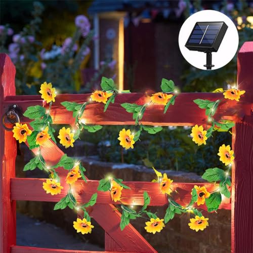 Solar Lichterkette Aussen, 4M Künstliche Sonnenblume Lichterkette Solar, 40LED Blume Efeu Girlande, Wasserdicht Solarlampen mit Sonnenblumen Gartendeko für Balkon Terrasse Zaun Hochzeit Party Deko von Fohil