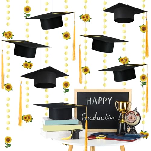 Foilswirl 18 Stück hängende Sonnenblumen-Abschlussparty-Dekorationen, Abschlusskappe und Sonnenblumen, Party-Girlande, Luftschlangen, Klasse 2025, Abschlussdekorationen für Schule, College, von Foilswirl