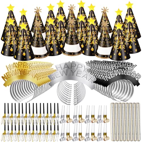 Foilswirl Silvester-Party-Zubehör für Gäste, inklusive Kegelhüte, Glitzer-Tiaras, Perlen-Halskette, Quaste, Squawker, gelockte Squawker (Gold, Silber, Schwarz) von Foilswirl