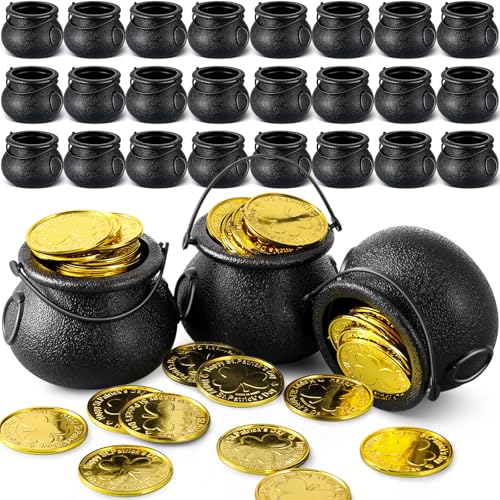 St. Patrick's Day Kessel Set mit 24 schwarzen Mini-Kesseln mit 200 Goldmünzen, Topf mit Gold für Kessel, Partyzubehör, St. Patrick-Party-Dekorationen (elegant), 224-teilig von Foilswirl