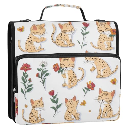 Dokumentenmappe mit Katzen und roten Blumen, Weiß, 3 Ringe, 3,8 cm, Reißverschluss, mit Schultergurt, mehrere Taschen, Dokumentenmappe für Schule und Büro von Foiosoh