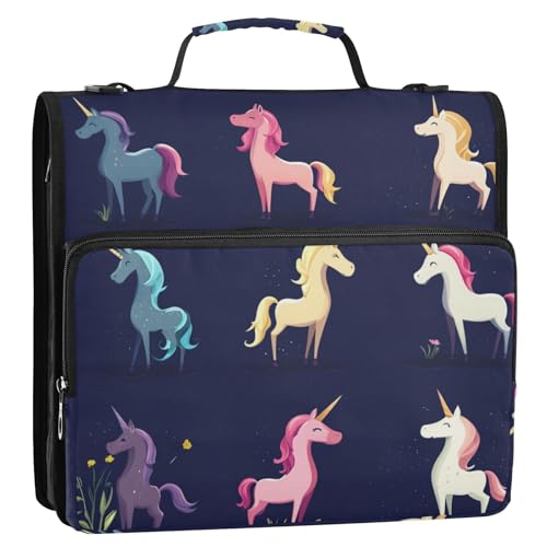 Dreamy Unicorns Ordnertasche mit 3 Ringen, Reißverschluss, Griff und abnehmbarem Schultergurt, inklusive Reißverschlusstasche, Dokumentenmappe, Organizer für Mittelschüler, Marineblau von Foiosoh