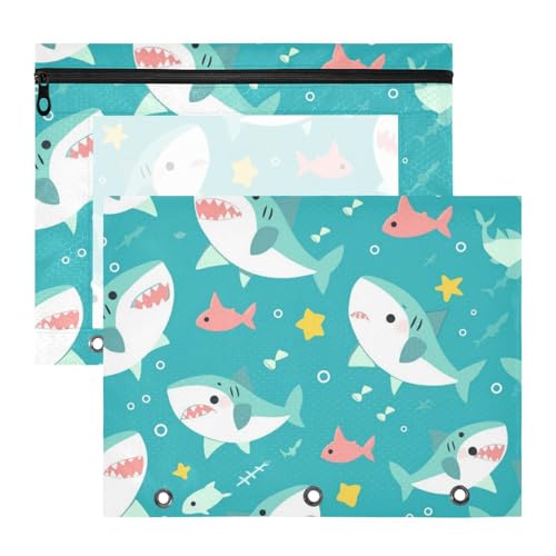 Foiosoh Binder-Bleistiftbeutel, bezaubernder Kunststoff-Aktenordner für A4-Papier, Briefe, 2 Stück, Studenten, Zuhause, Blaugrün, niedliches Fischmuster von Foiosoh