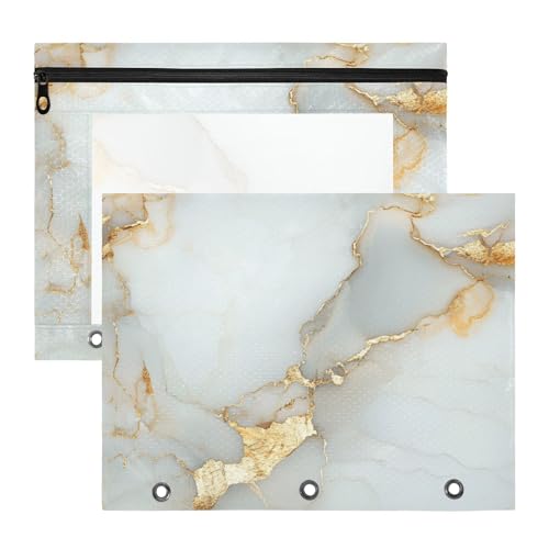Foiosoh Binder-Bleistiftbeutel mit glatten Reißverschlüssen, 3-Loch-Tasche für 3 Ringe, 2 Stück, Lehrer, Klassenzimmer, Zubehör, Marmor-Textur, Weiß von Foiosoh