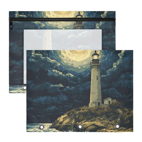 Foiosoh Binder-Federmäppchen, 3 Löcher, Kunststoff-Aktenordner für 3 Ringe, 2 Stück, Lehrer, Büro, Leuchtturm, Meer von Foiosoh