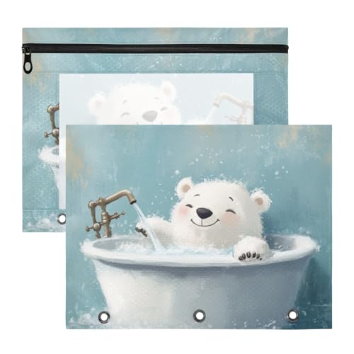 Foiosoh Binder-Federmäppchen, bezaubernde 3-Loch-Tasche für A4-Papier, Briefe, 2 Stück, Lehrerklasse, niedlicher Bär, Retro-Badewanne von Foiosoh