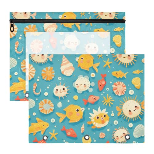 Foiosoh Binder-Federmäppchen, stabile 3-Loch-Tasche für A4-Papier, Briefe, 2 Stück, Lehrerklasse, niedliche Fischmuscheln von Foiosoh