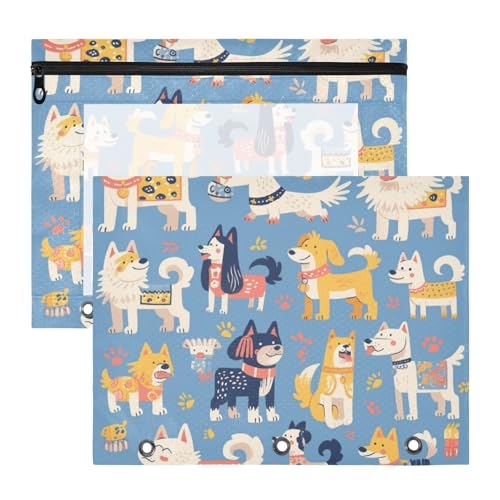 Foiosoh Bindertaschen, 3 Löcher, 3 Löcher, Tasche für A4-Papier, Briefe, 2 Stück, Lehrer, Büro, Hunde, Cartoon von Foiosoh