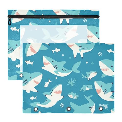 Foiosoh Bindertaschen, 3 Löcher, 3 Ringe, Tasche für A4-Papier, Briefe, 2 Stück, Lehrer, Zuhause, blaues Meeresfischmuster von Foiosoh