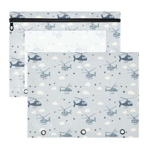Foiosoh Federmäppchen, 3 Löcher, 3 Locher für 3 Ringe, 2 Stück, für Schüler, Schule, Studenten, Lehrerbedarf, Hubschrauber und Sterne, Wolke, Blau von Foiosoh