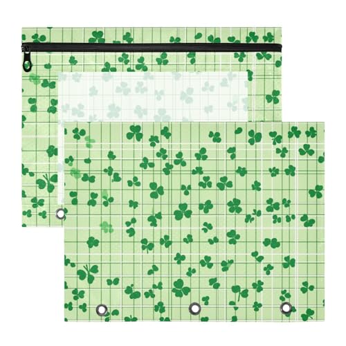 Foiosoh Federmäppchen mit 3 Löchern für 3 Ringe, 2 Stück, Lehrer, Schulbedarf, Kleeblatt und Linie, Grün von Foiosoh
