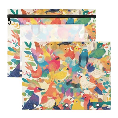 Foiosoh Federmäppchen mit 3 verstärkten Ösen, 3-Loch-Tasche für A4-Papier, Briefe, 2 Stück, Studenten, Klassenzimmer, bunte Wildvögel von Foiosoh